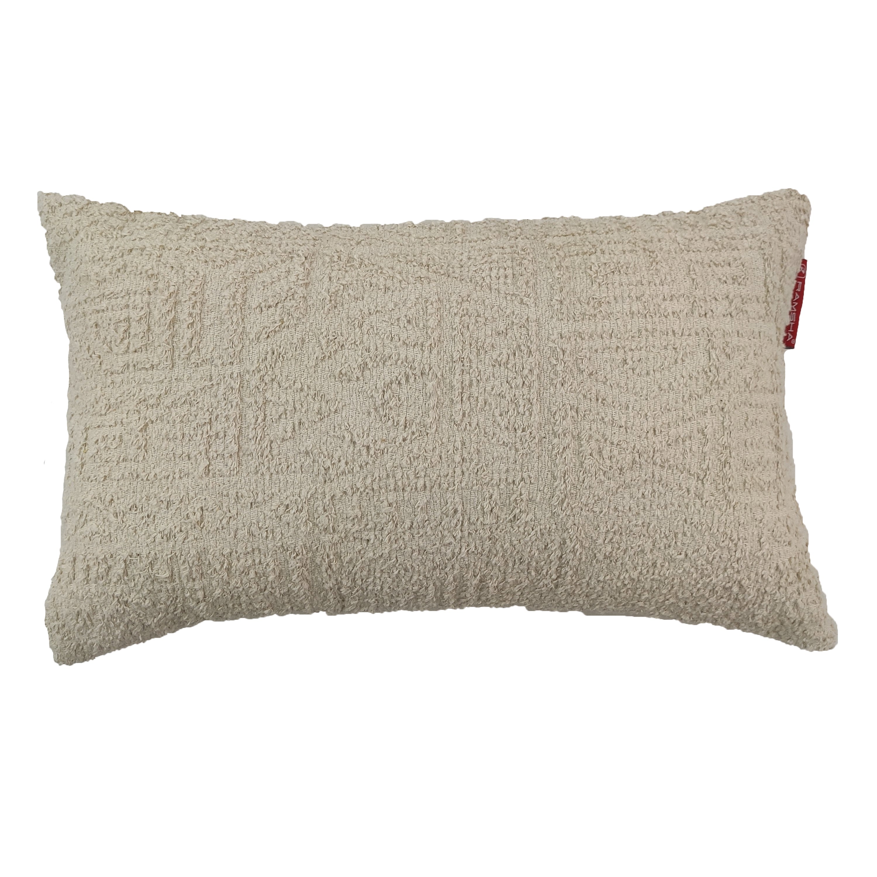 The RAMSHA HOME Boho Cushion With Small Furr is a rectangular, textured cream-colored cushion featuring a subtle geometric pattern and a small red fabric tag on the side. Displayed against a plain white background.