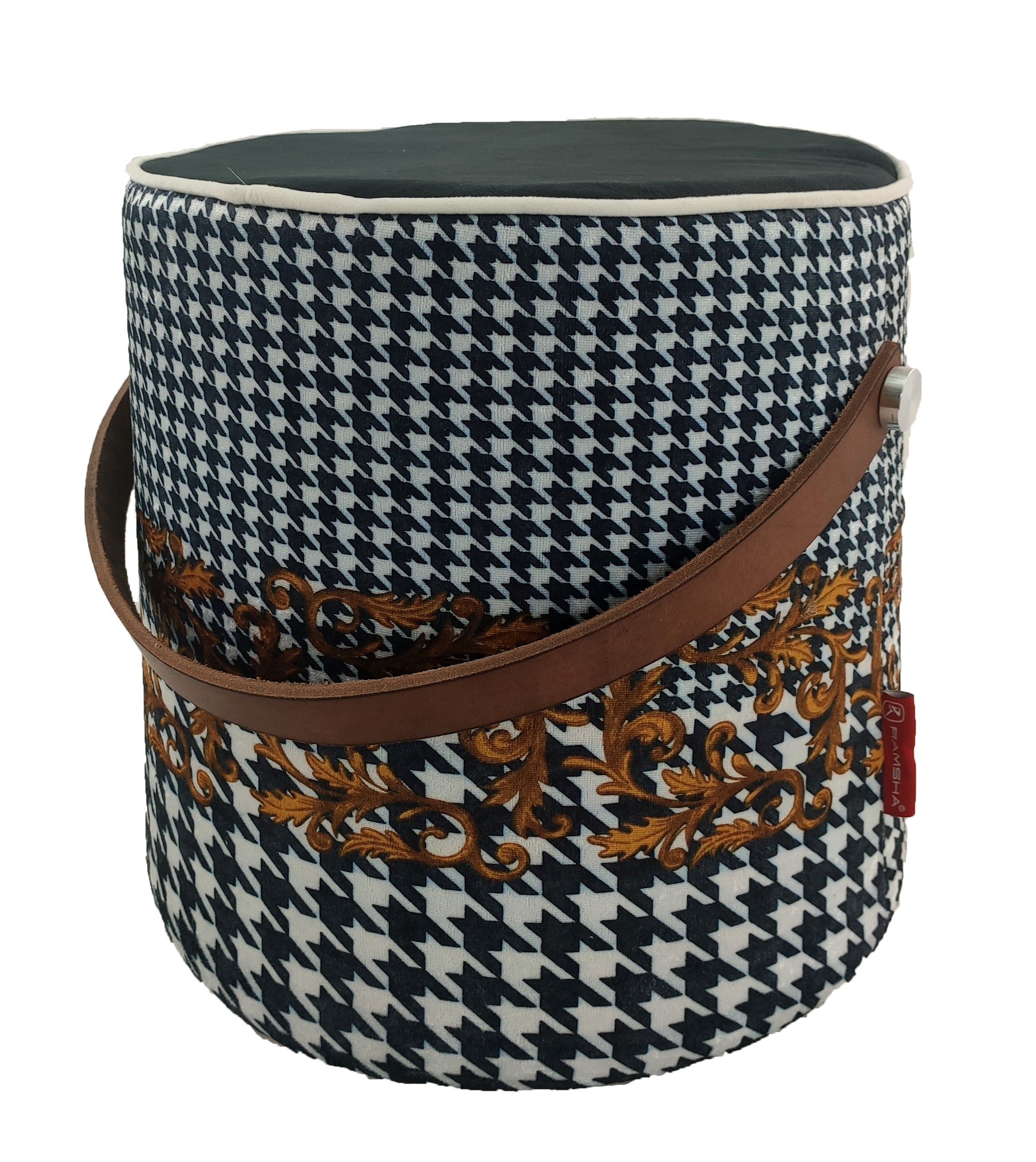 Leather Printed Pedestal Pouf With Leather Handle PF-025