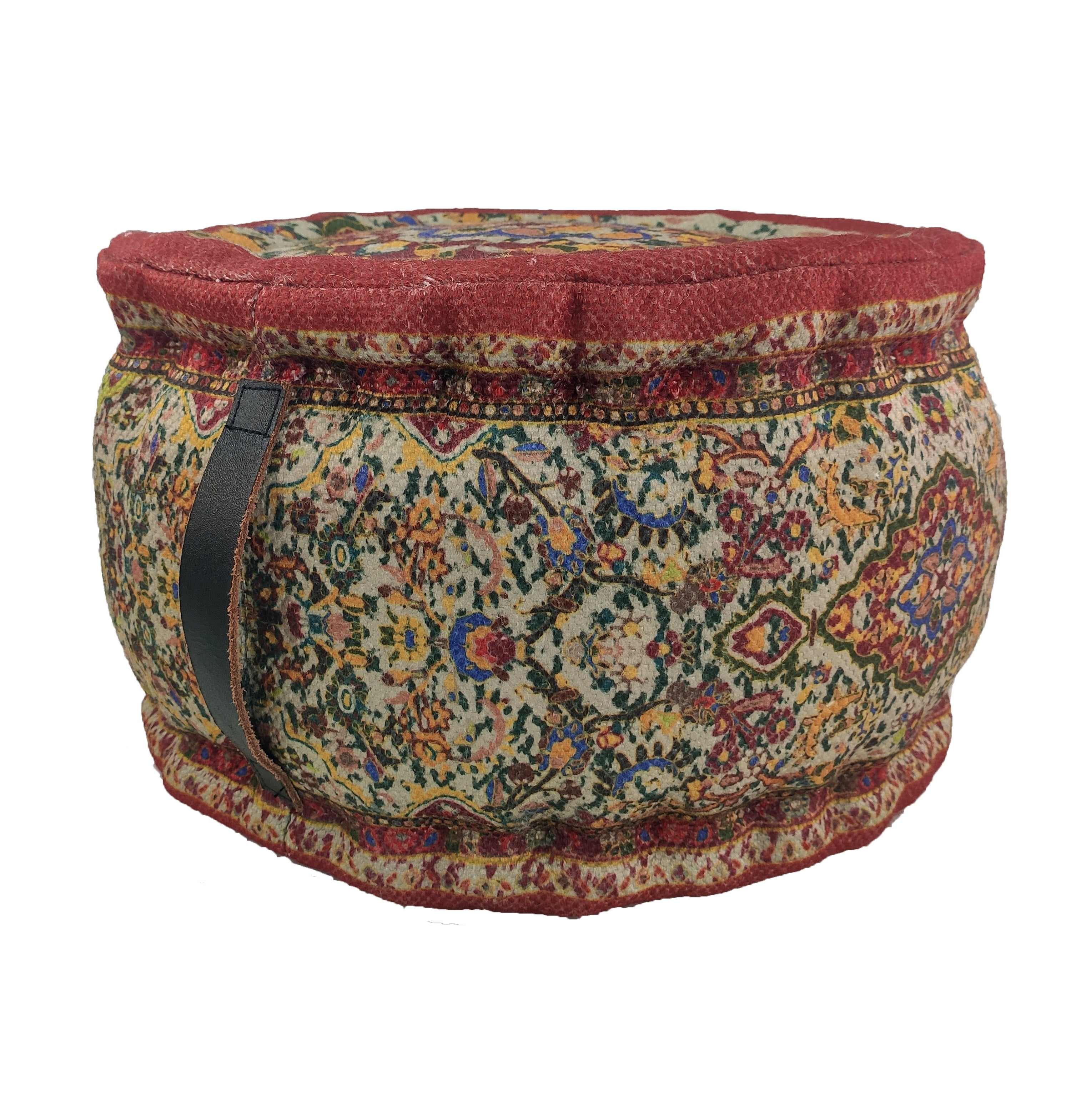 Printed Pedestal Multi Color Pouf With Leather Handle PF-029