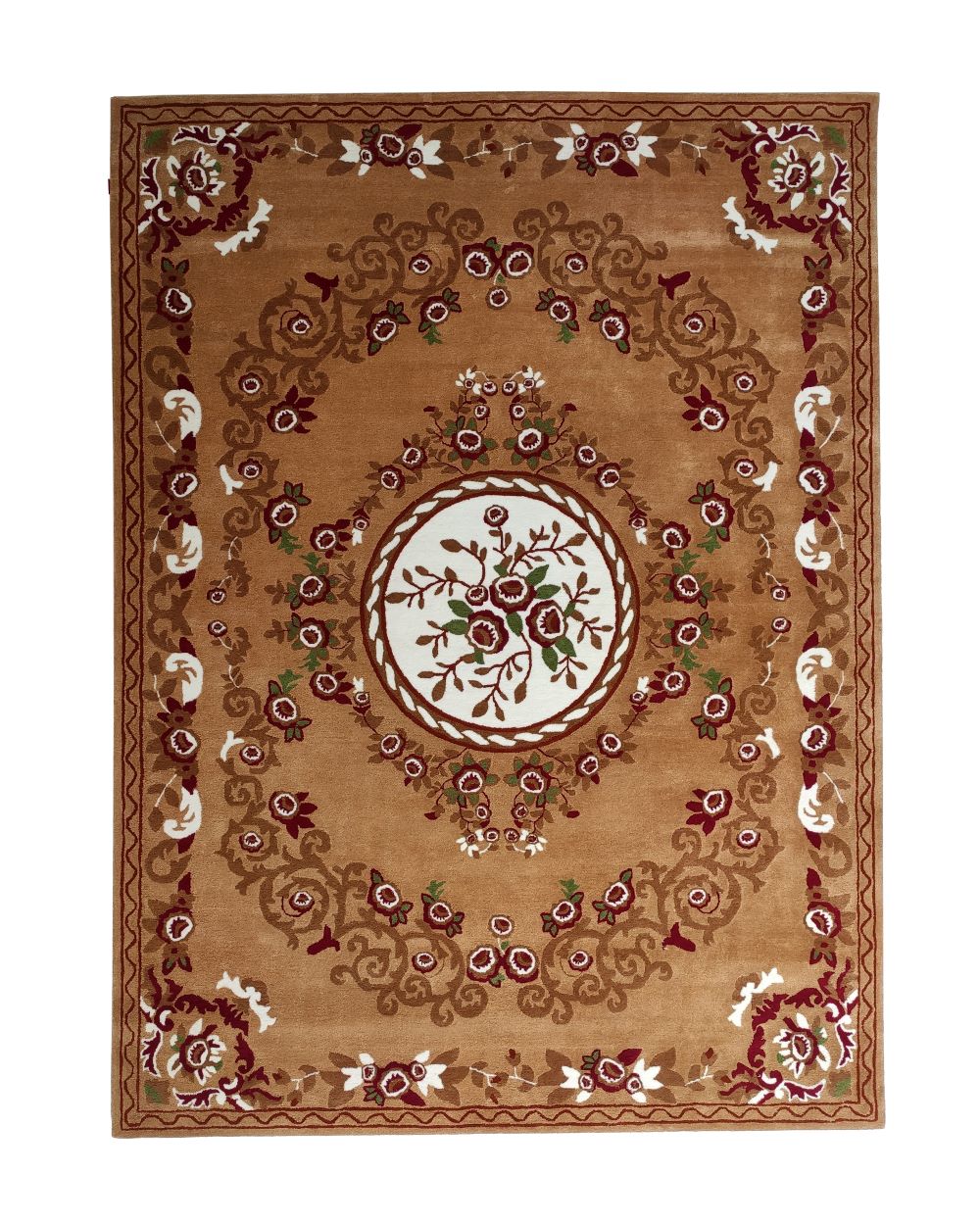The RAMSHA HOME Amazing Polyester & Cotton Hall Decor Rug - HTP 06 (300x400cm) is a rectangular tan handtufted rug featuring a white oval medallion, floral patterns, and vine details in red, green, and cream with an elegant decorative border.