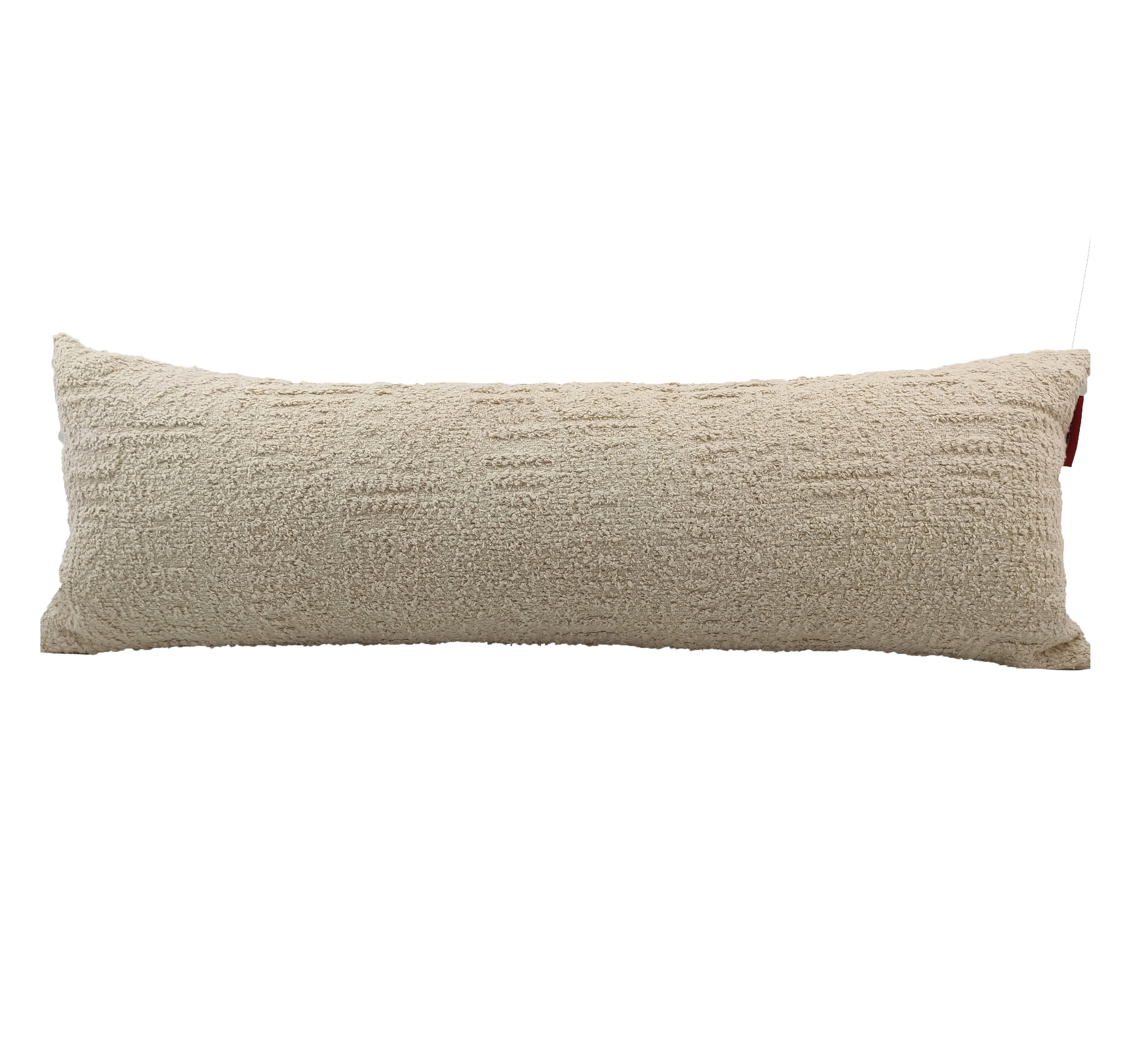 The RAMSHA HOME Boho Cushion With Small Furr is a long, rectangular beige cushion with a soft, textured surface and cozy poly cotton fill, shown on a plain white background.