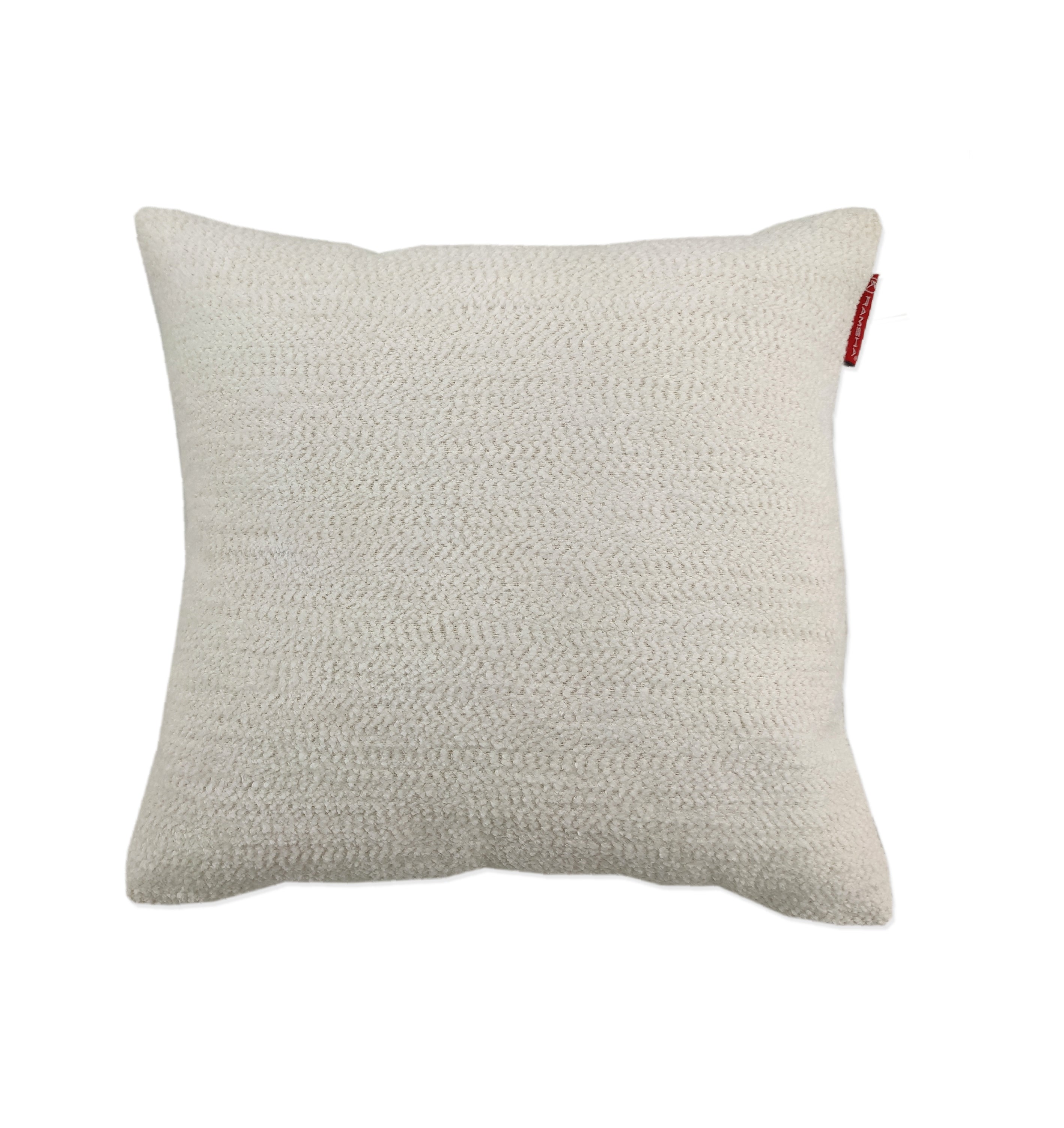 The RAMSHA HOME Boho Cushion With Small Furr is a square, off-white textured cushion with poly fill cotton, a subtle woven pattern, and a small red tag on the side, displayed against a white background.