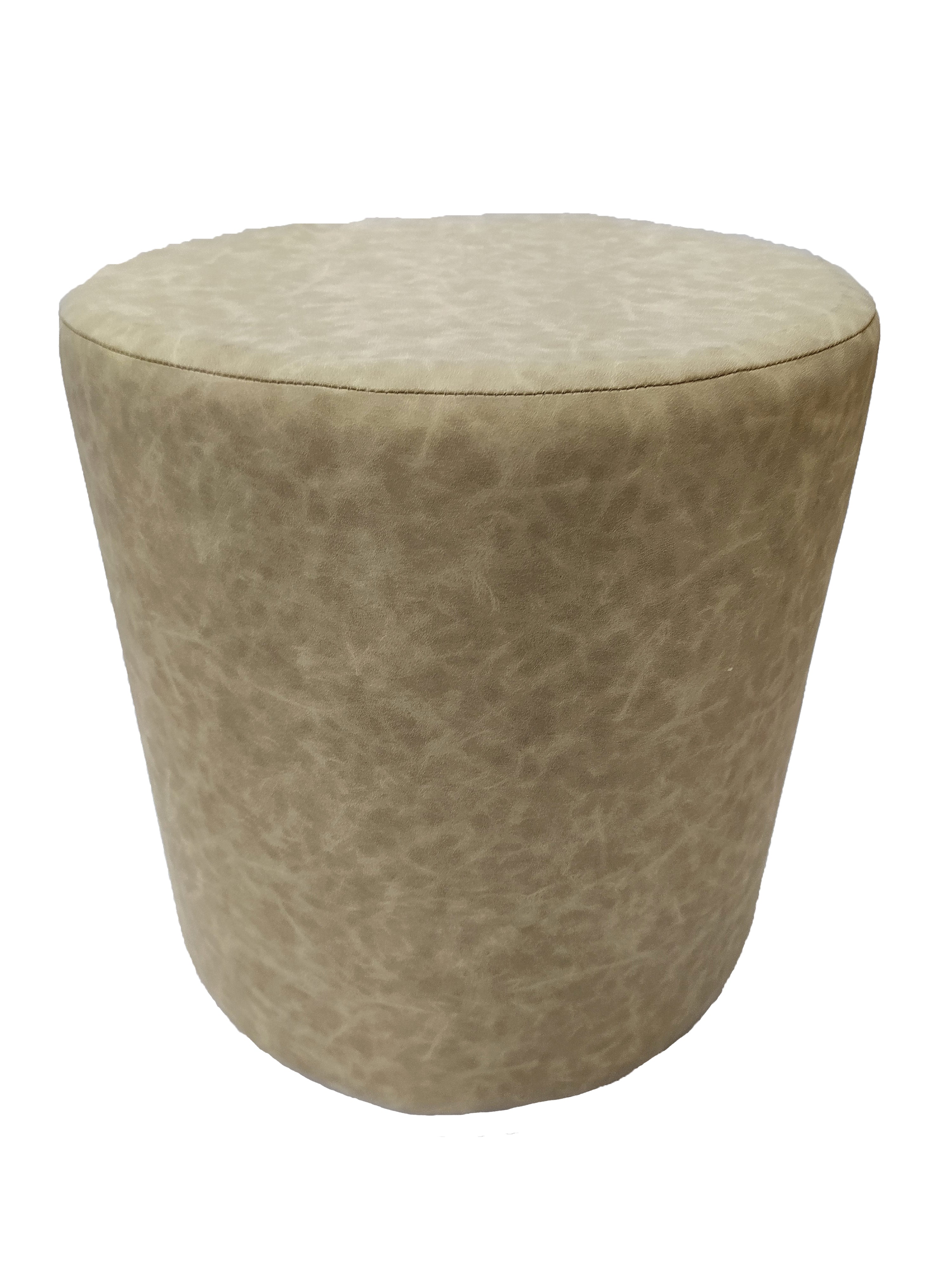 The RAMSHA HOME Leather Cylindrical Pouf features a round, beige design with a slightly tapered base and smooth textured leather upholstery, offering stylish and comfortable seating against a white background.