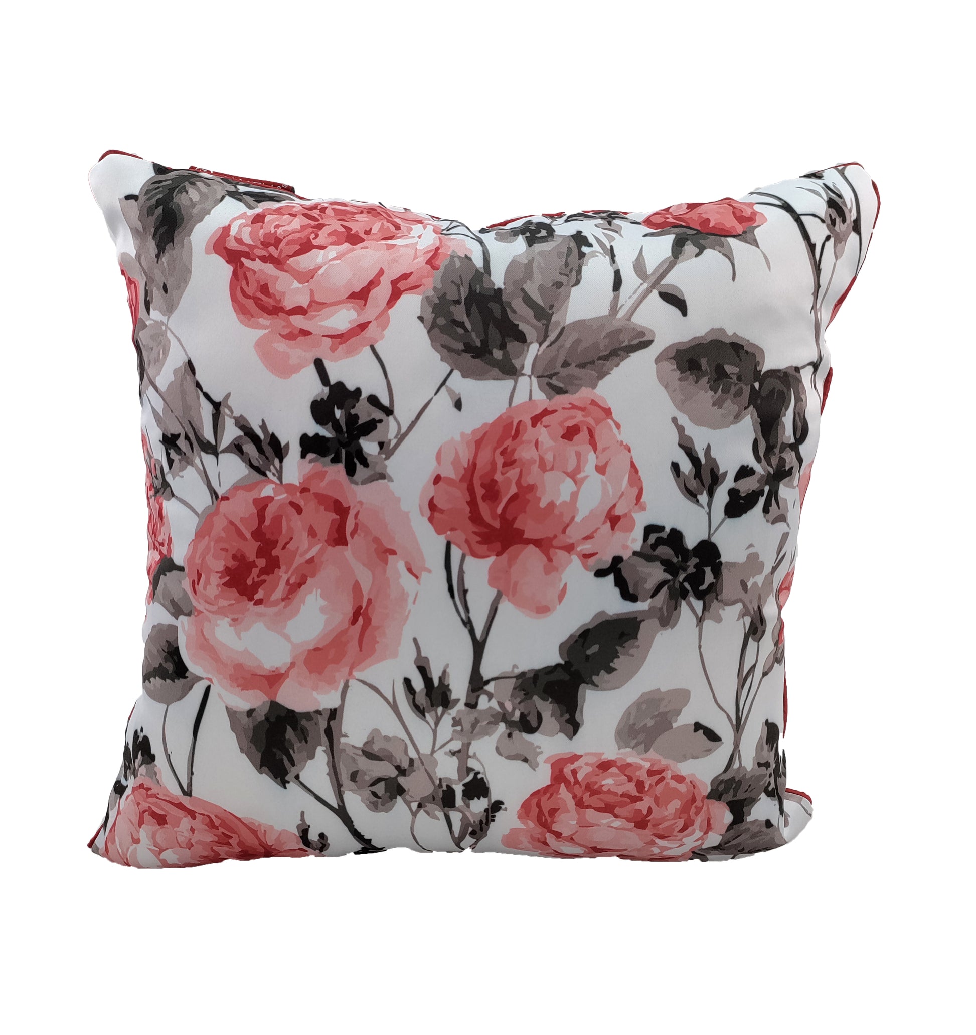 The RAMSHA HOME Floral Printed Multi Color Cushion features a white background with large pink and red roses and black-gray leaves—an elegant accessory to enhance any space.
