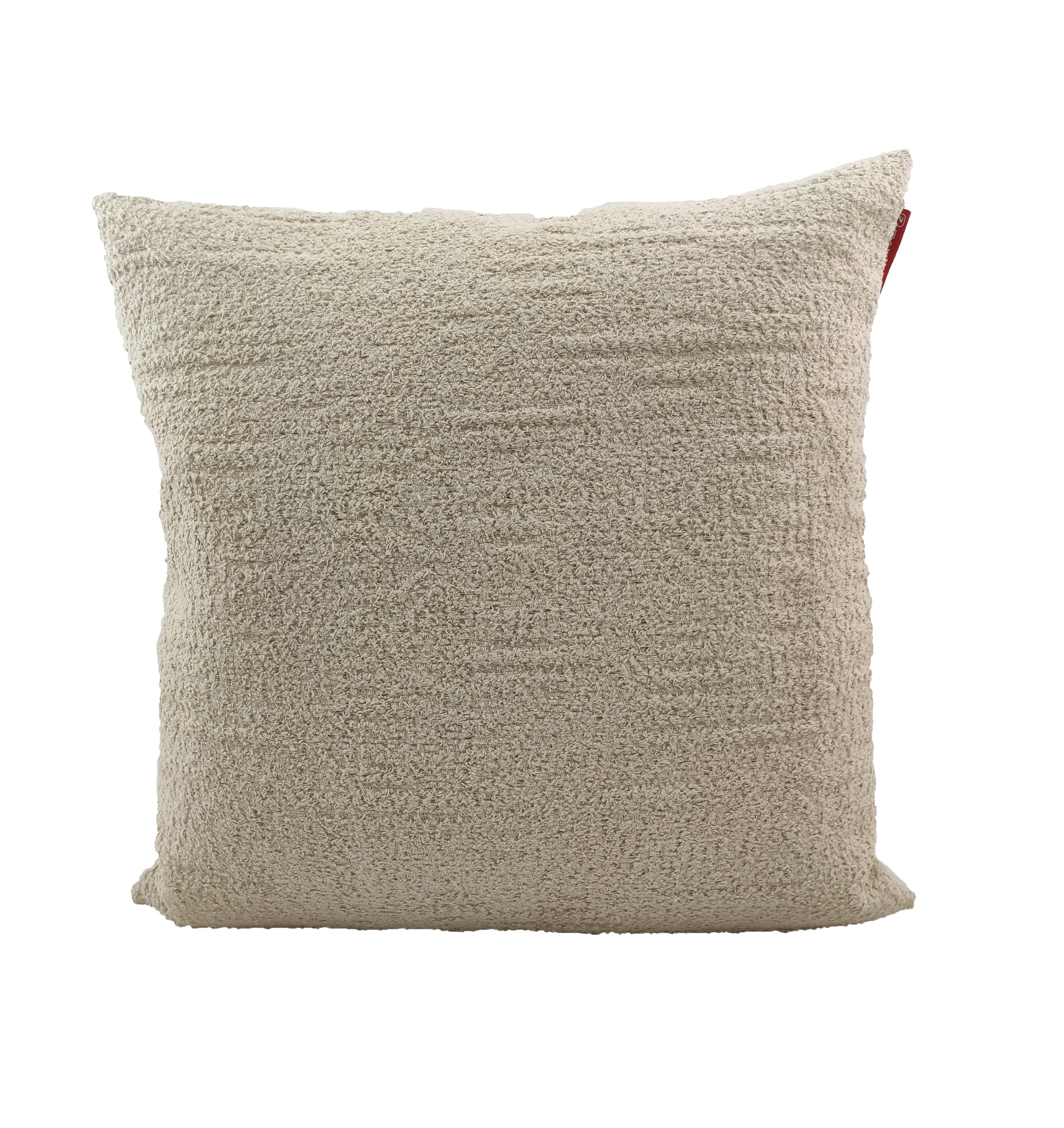 The RAMSHA HOME Boho Cushion With Small Furr is a square, beige cushion with a soft, fuzzy texture and poly fill cotton, accented by a small red tag on the upper right corner, shown against a plain white background.