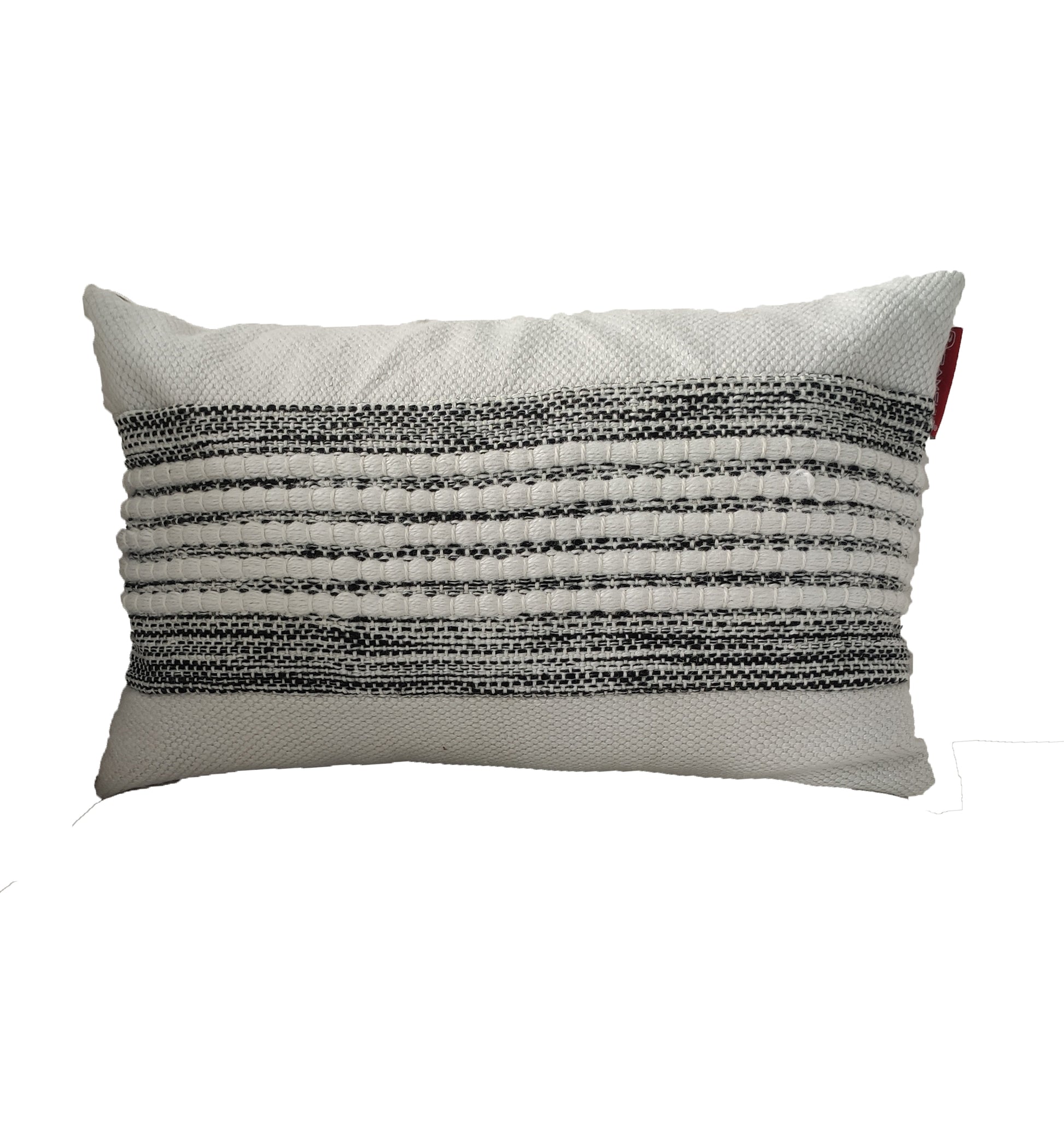 The RAMSHA HOME Woven Black And White Polyester Cushion CS-249 features a rectangular white base with a textured black and white horizontal striped center. Includes cushion filler; background is plain white.