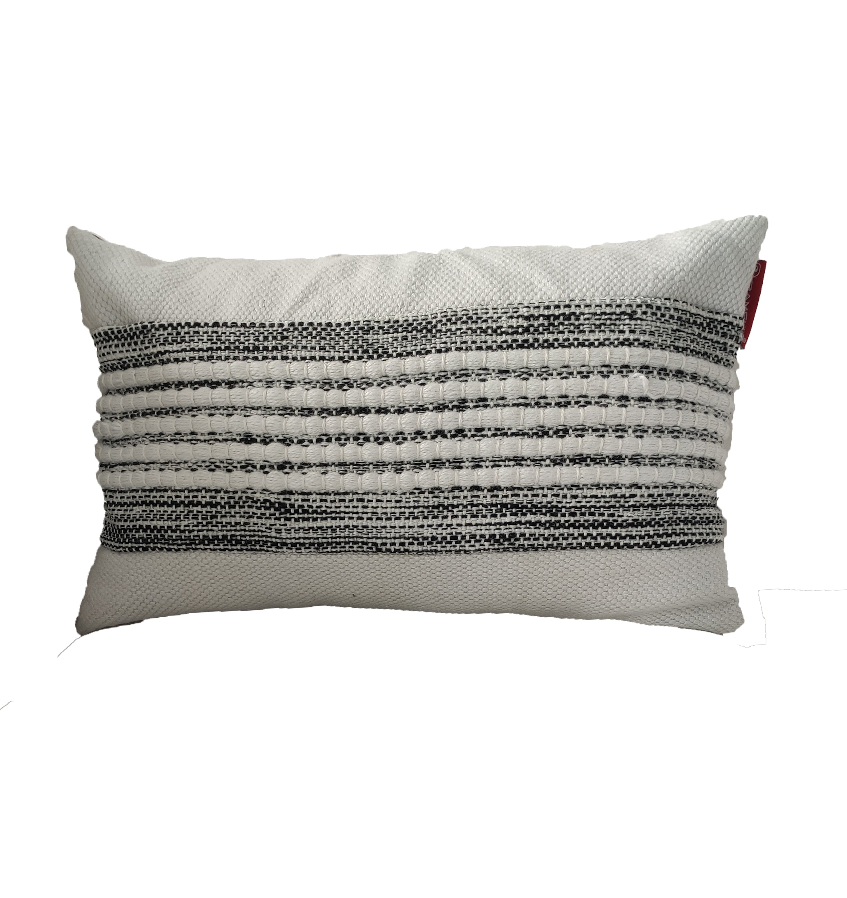 The RAMSHA HOME Woven Black And White Polyester Cushion CS-249 features a rectangular white base with a textured black and white horizontal striped center. Includes cushion filler; background is plain white.