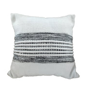 The RAMSHA HOME Woven Black And White Polyester Cushion CS-249 features textured fabric with horizontal black and gray stripes. This square cushion has a soft, cozy look, comes with a filler included, and is shown on a plain white background.