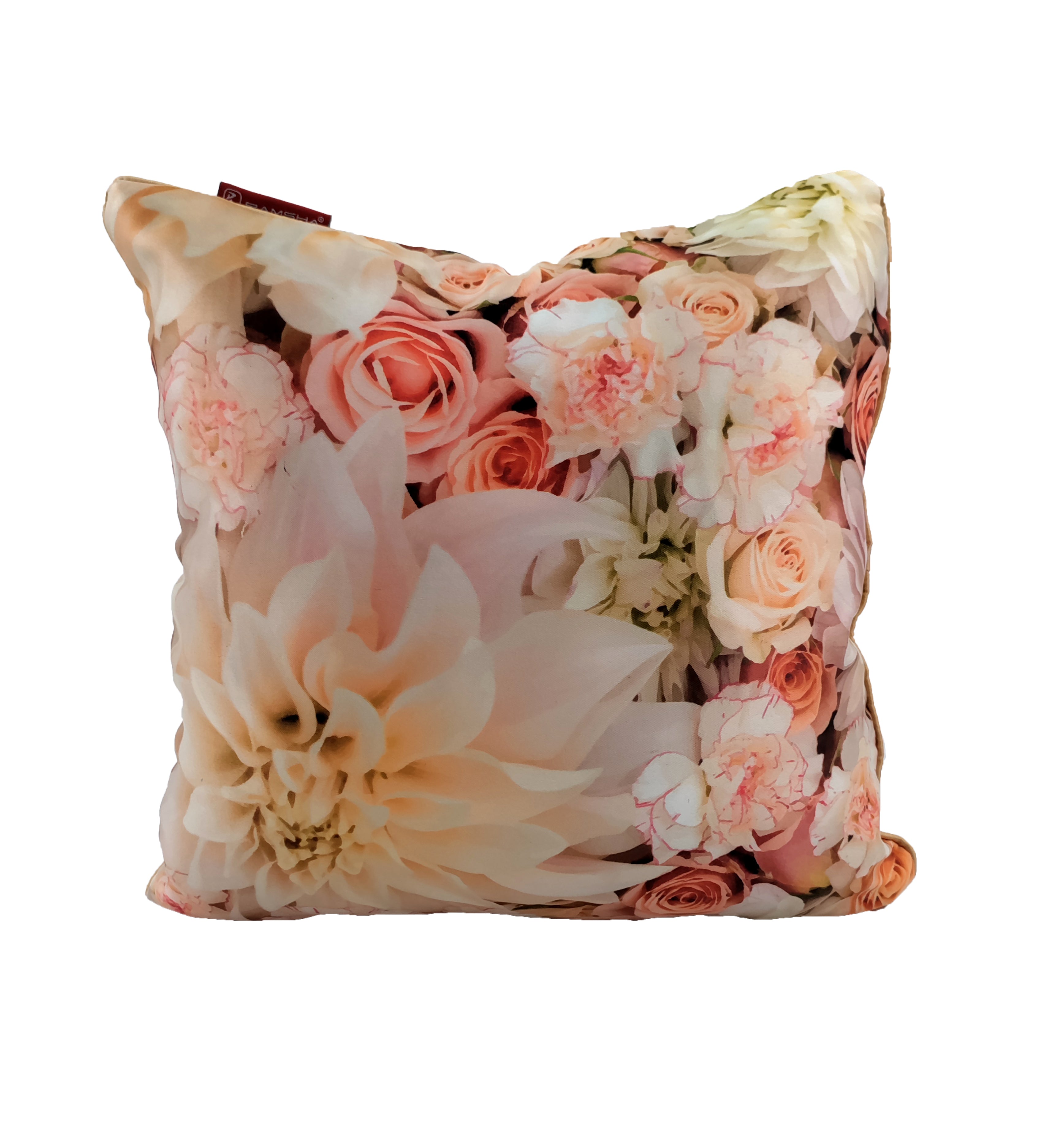 The RAMSHA HOME Floral Printed Multi Color Cushion showcases bold pink and peach roses and dahlias on white, making it a stylish, elegant accent for any room.