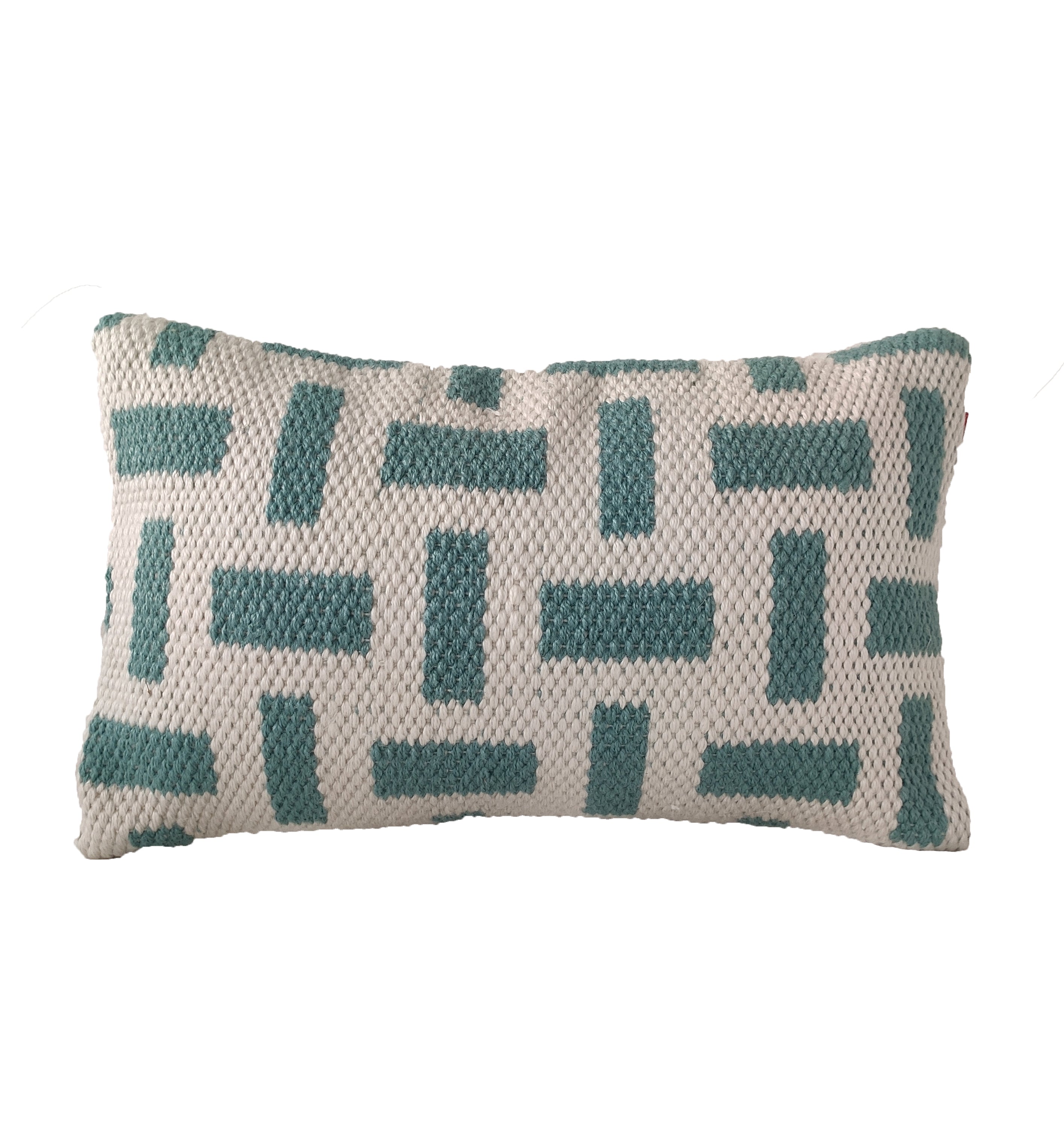The Woven Polyester Cushion with Insert by RAMSHA HOME features a soft, textured white background and teal geometric shapes—perfect for adding modern style and comfort to your space.