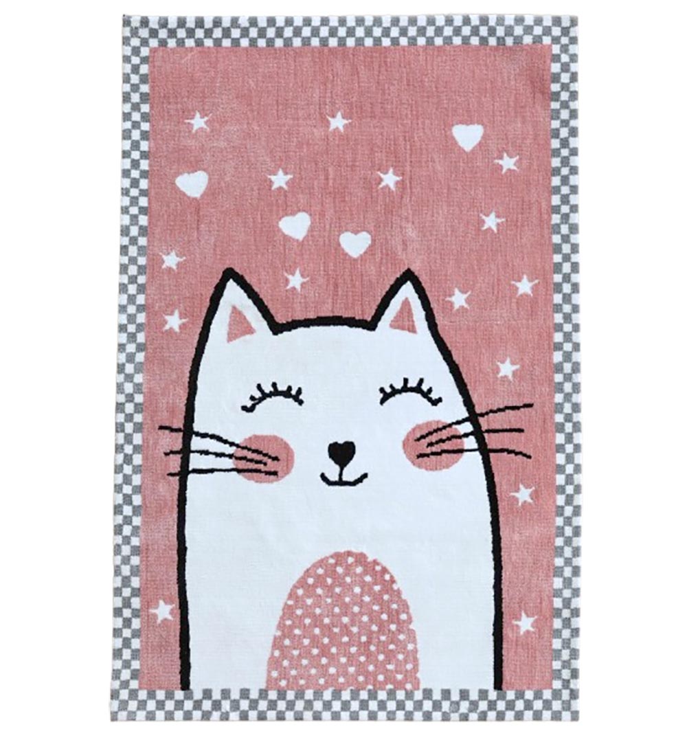 Add playful charm to your nursery or kids bedroom with the RAMSHA HOME Pink Cat Kids Rug (KD-002, 120x180cm), featuring an adorable smiling white kitten on a pink background with stars and a checkered border.