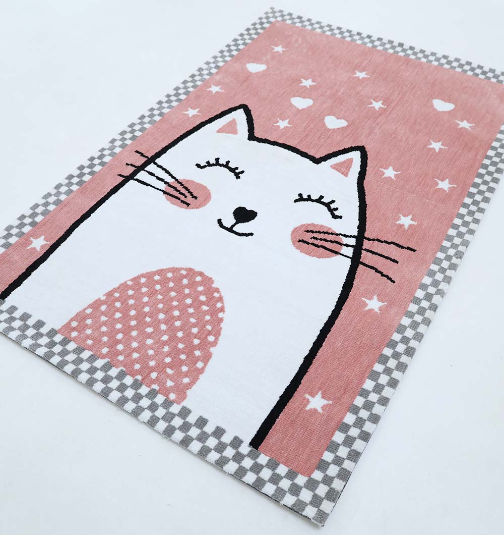 The RAMSHA HOME Pink Cat Kids Rug (KD-002, 120x180cm) features a cute white kitten with blushing cheeks on a pink background with stars, hearts, and a gray check border—perfect as a nursery area carpet.