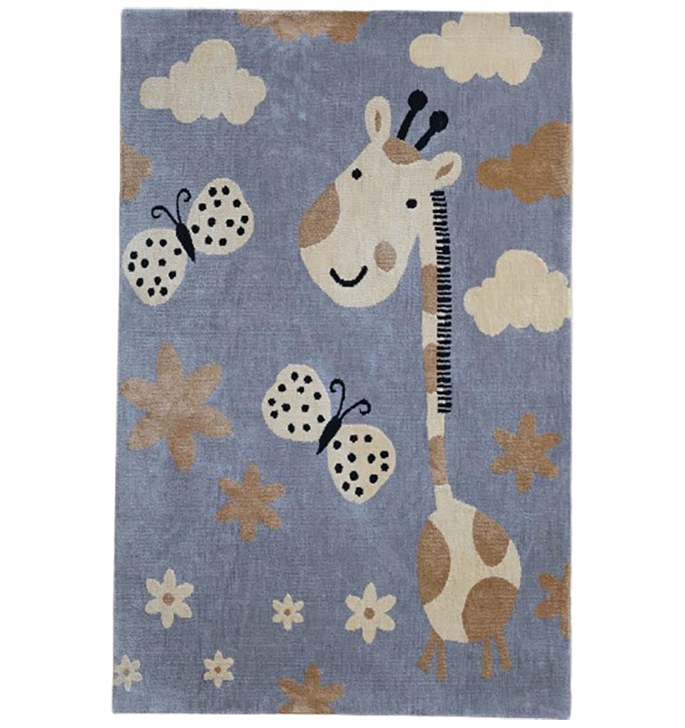 The RAMSHA HOME Giraffe Nursery Rug (KD-003, 120x180cm) features a cheerful giraffe, butterflies, beige flowers, and clouds on a blue-grey background—perfect for kids' bedrooms or nurseries.