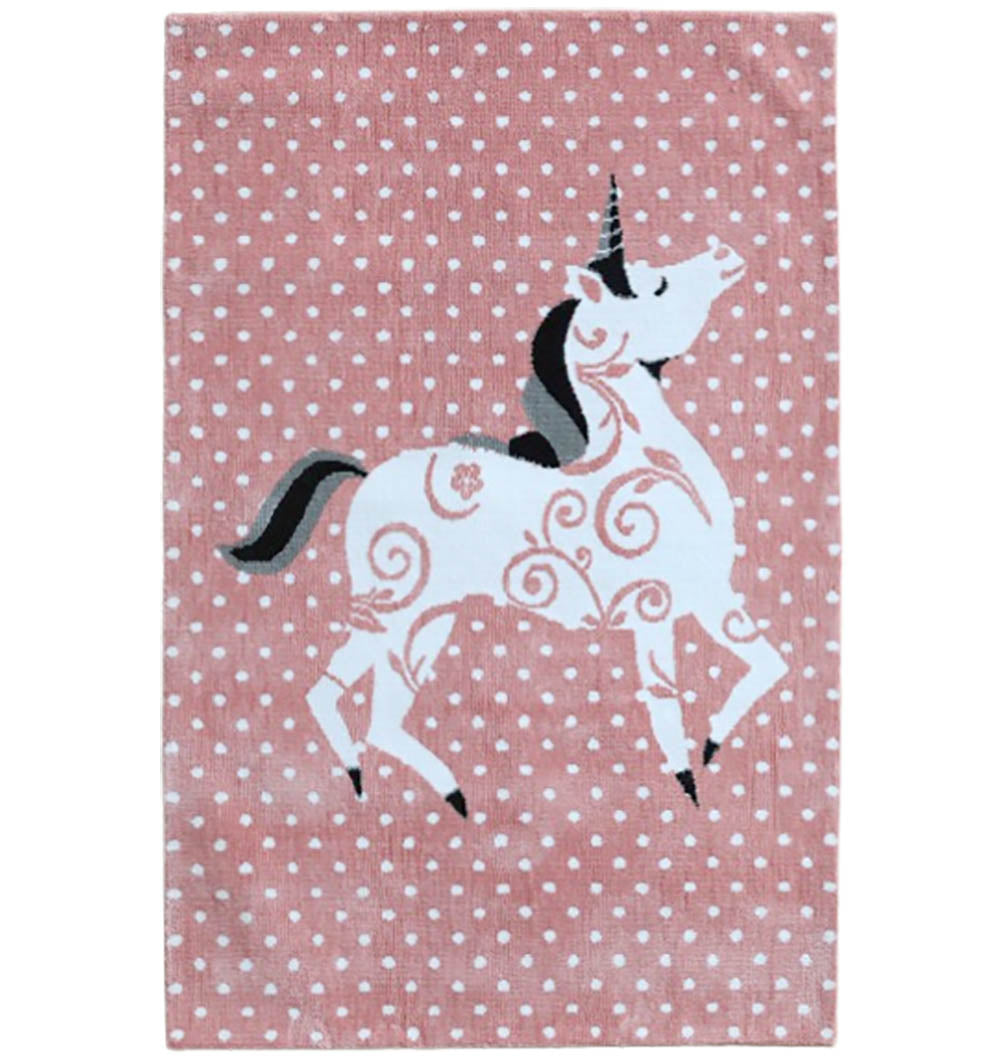 The RAMSHA HOME Unicorn Kids Rug - Pink Fantasy Playroom Area Carpet KD 004 (120x180 cm) features a white unicorn with black mane, tail, and hooves with pink swirls on a pink polka dot background—ideal for any whimsical kids' room.