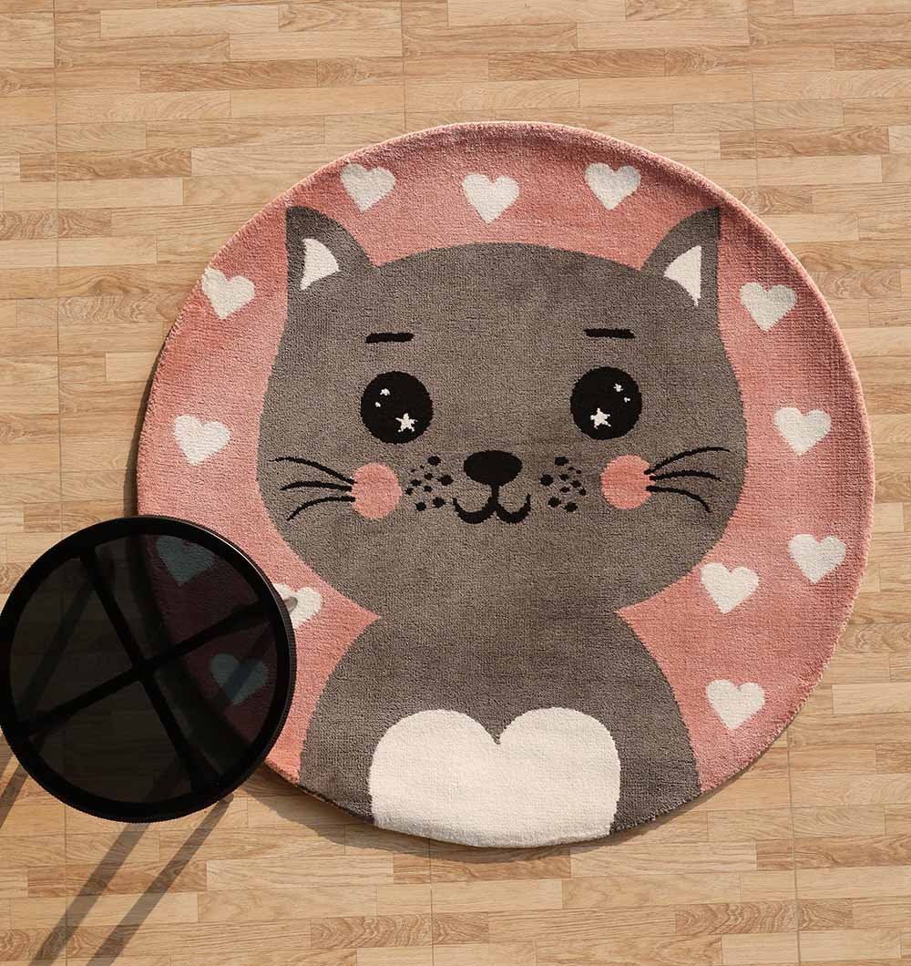 Kids Cat Rug - Pink & Grey Color Playroom Area Carpet - KD 009 (120 cm)