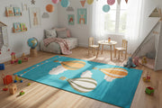 A bright, cozy playroom with a RAMSHA HOME Modern Kids Area Rug - KD 012 (120x180 cm), wooden table and chairs, stuffed animals, toys, books, globe, tent, and playful wall décor, all bathed in natural light from a large window.