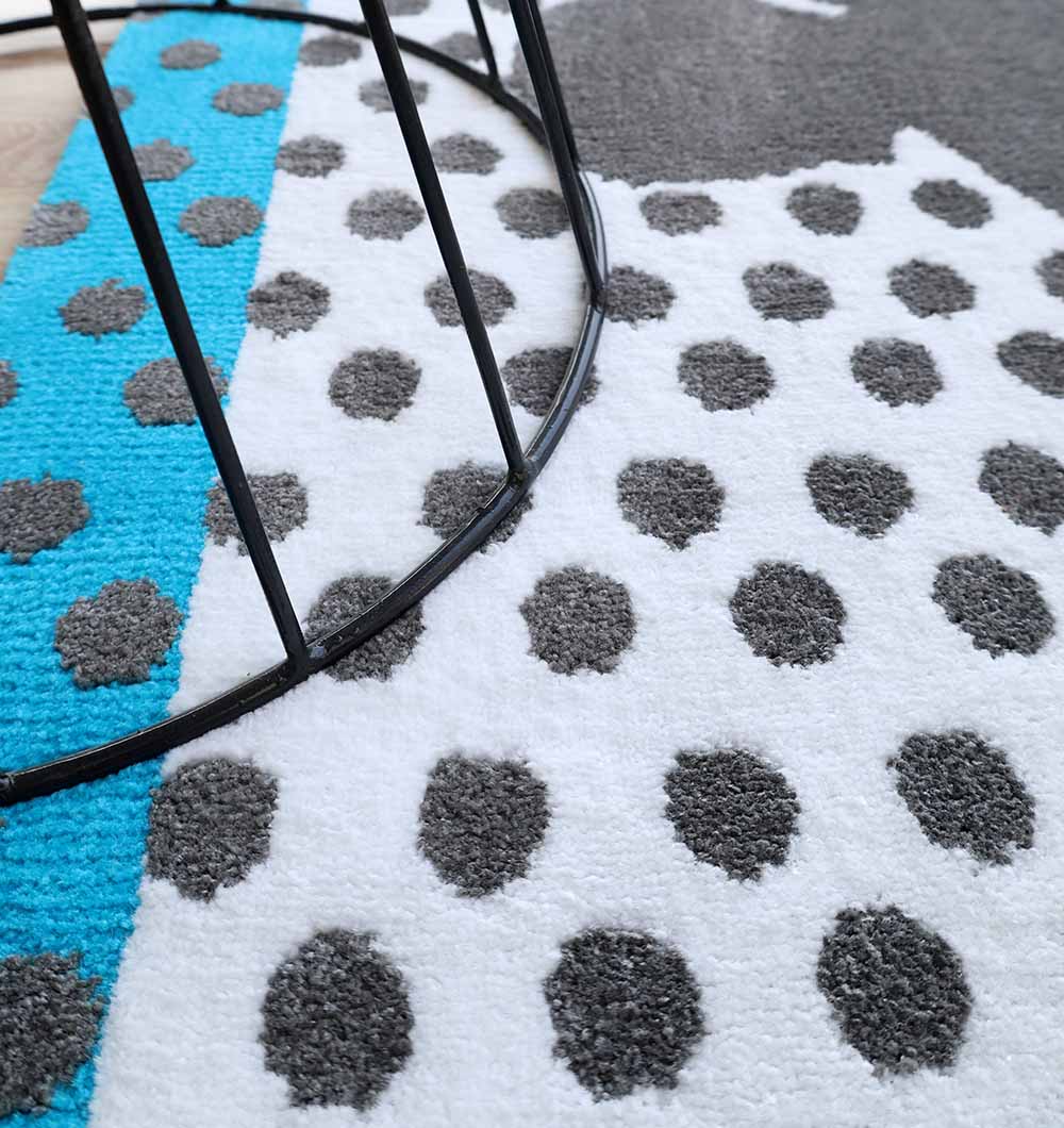 Kids Polka Dot Grey & White Rug with Blue Border – KD 013 (120x180 cm)