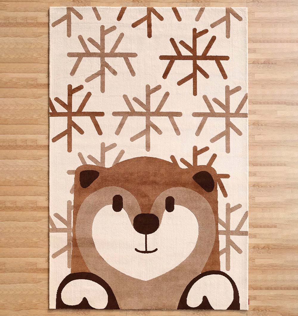 The RAMSHA HOME Kids Bear Face Beige & Brown Rug – KD 014 is a rectangular polyester rug with a bear face, paws, and brown snowflake patterns on beige—ideal for kids' rooms and wooden floors.