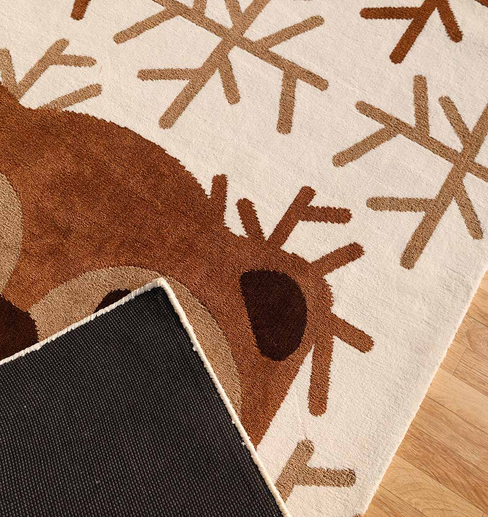 A close-up of the RAMSHA HOME Kids Bear Face Beige & Brown Rug – KD 014 shows its playful design and a non-slip pad beneath, all set on a wooden floor.