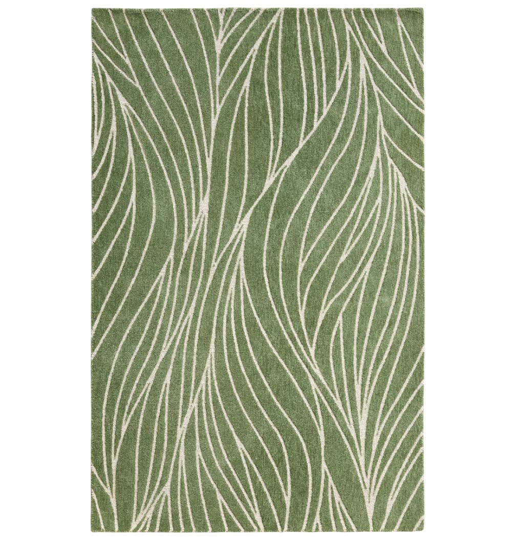 The RAMSHA HOME Leaf Vein Line Pattern Green & Ivory Rug – KD 015 features an abstract white leaf design on green polyester, adding a flowing, stylish touch to your décor.