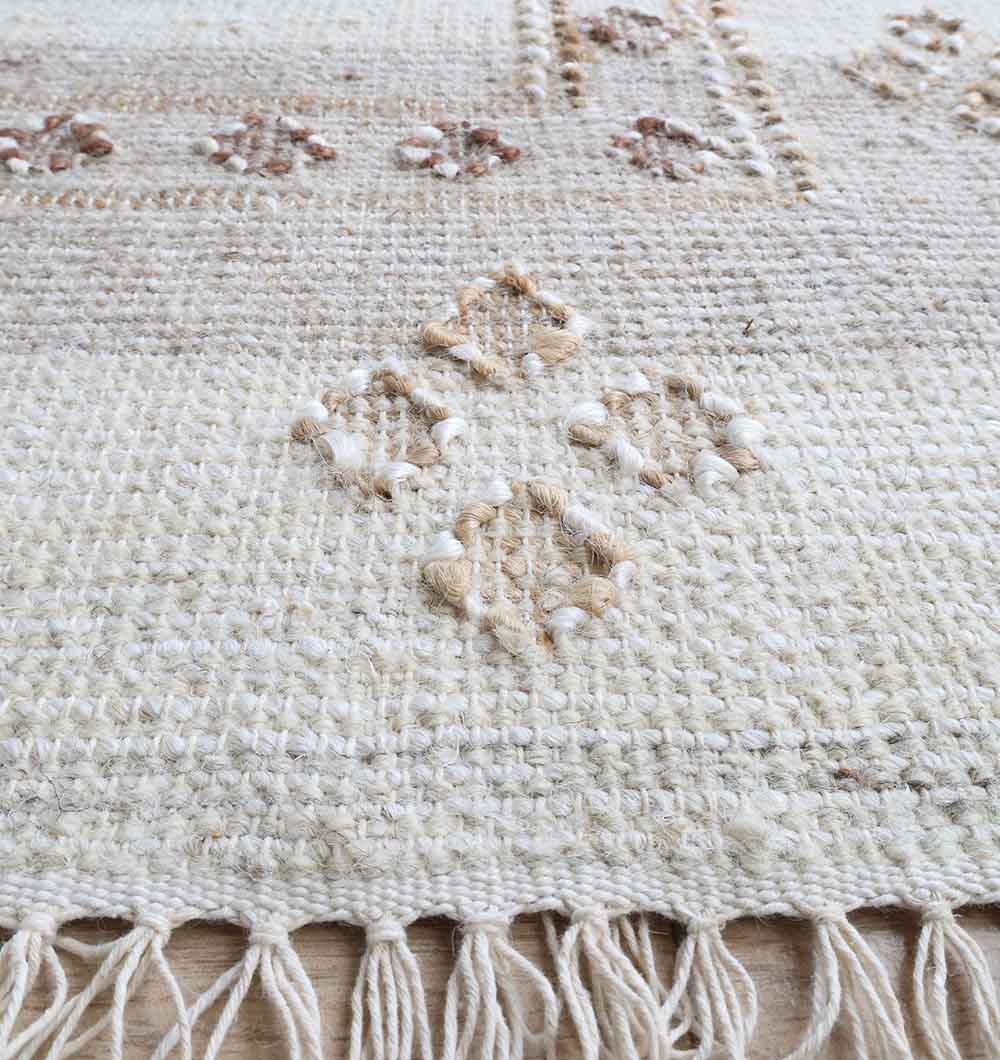Close-up of the RAMSHA HOME Handwoven Boho Area Rug (Grey Kilim Rug - KLM-016, 170x240cm) highlights its natural diamond-patterned texture and braided fringes, with a neutral cream and beige color palette.