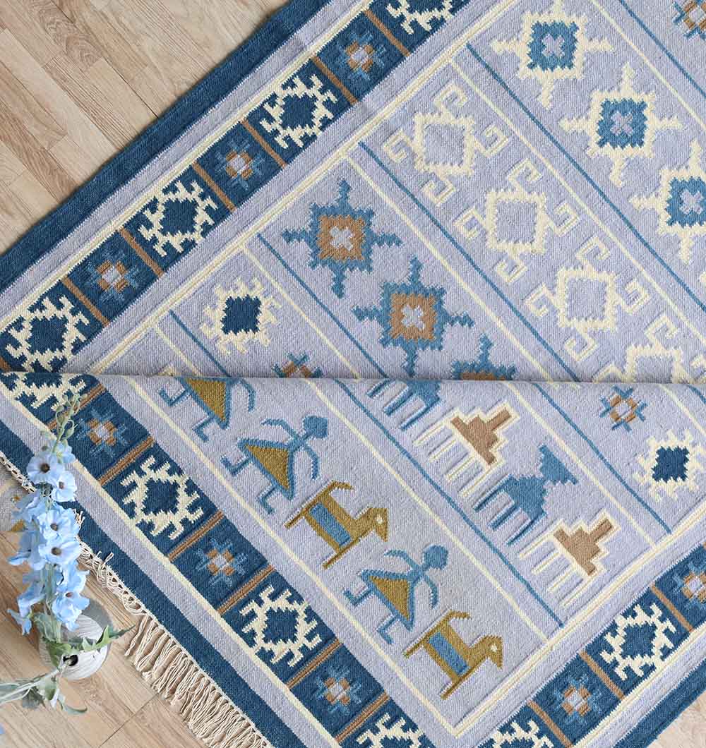 Kilim Rug  – Blue Multicolor Tribal Flatweave Carpet KLM-018