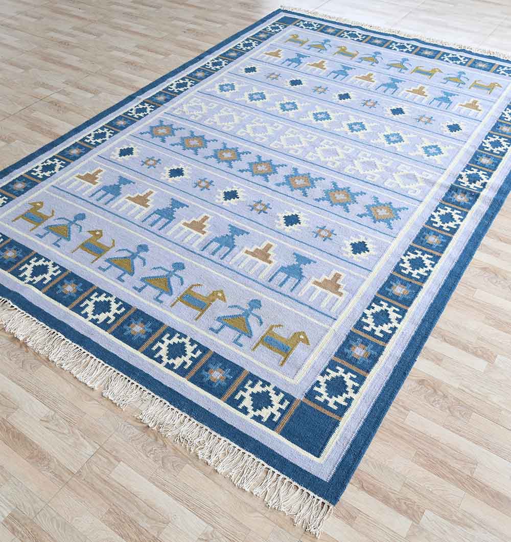 Kilim Rug  – Blue Multicolor Tribal Flatweave Carpet KLM-018