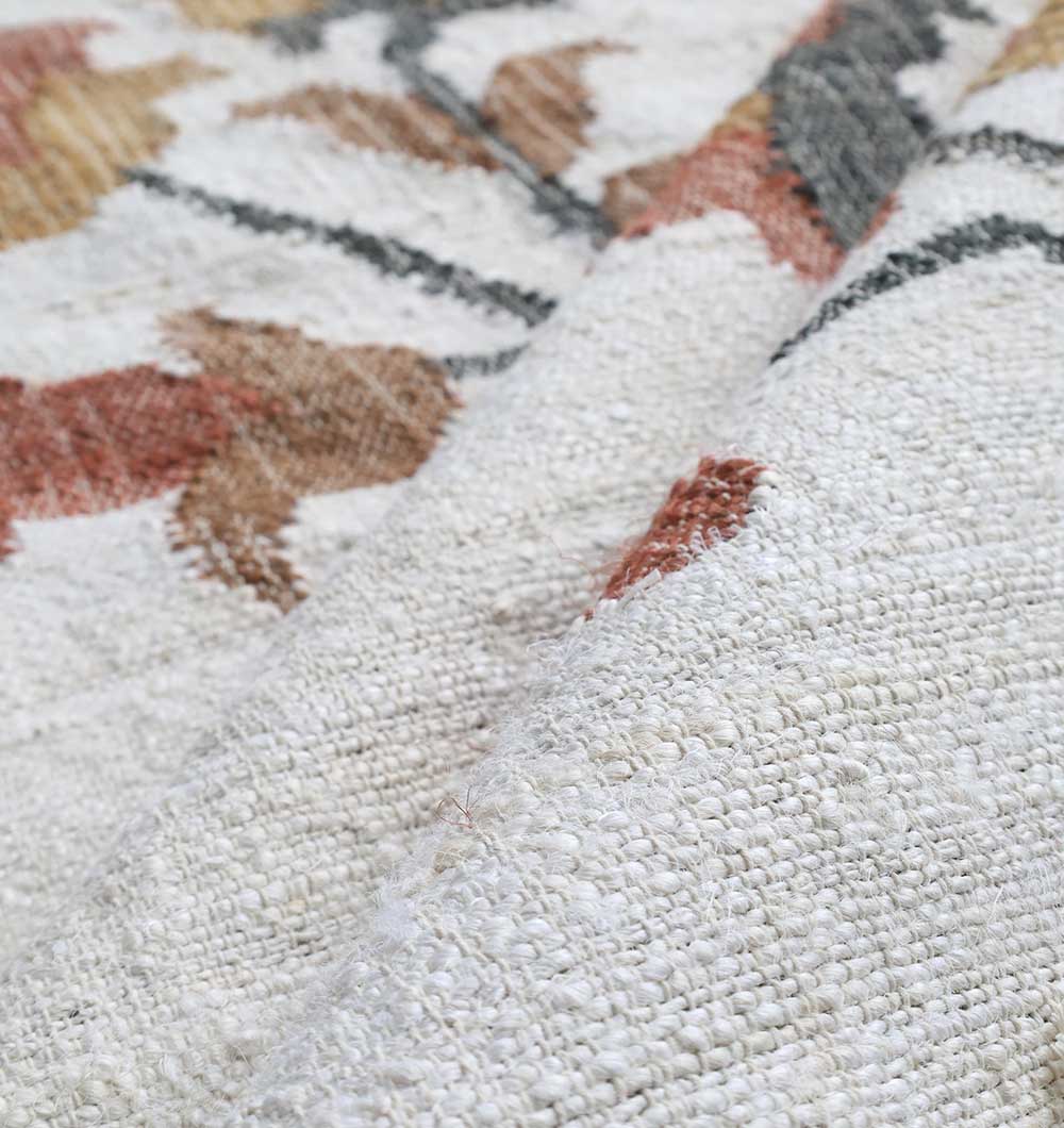 Close-up of the Kilim Rug – Multicolor Floral Handmade Flatweave Carpet KLM-021 by RAMSHA HOME, showing its detailed cream background with earthy brown, rust, and gray tones and highlighting the intricate woven texture.