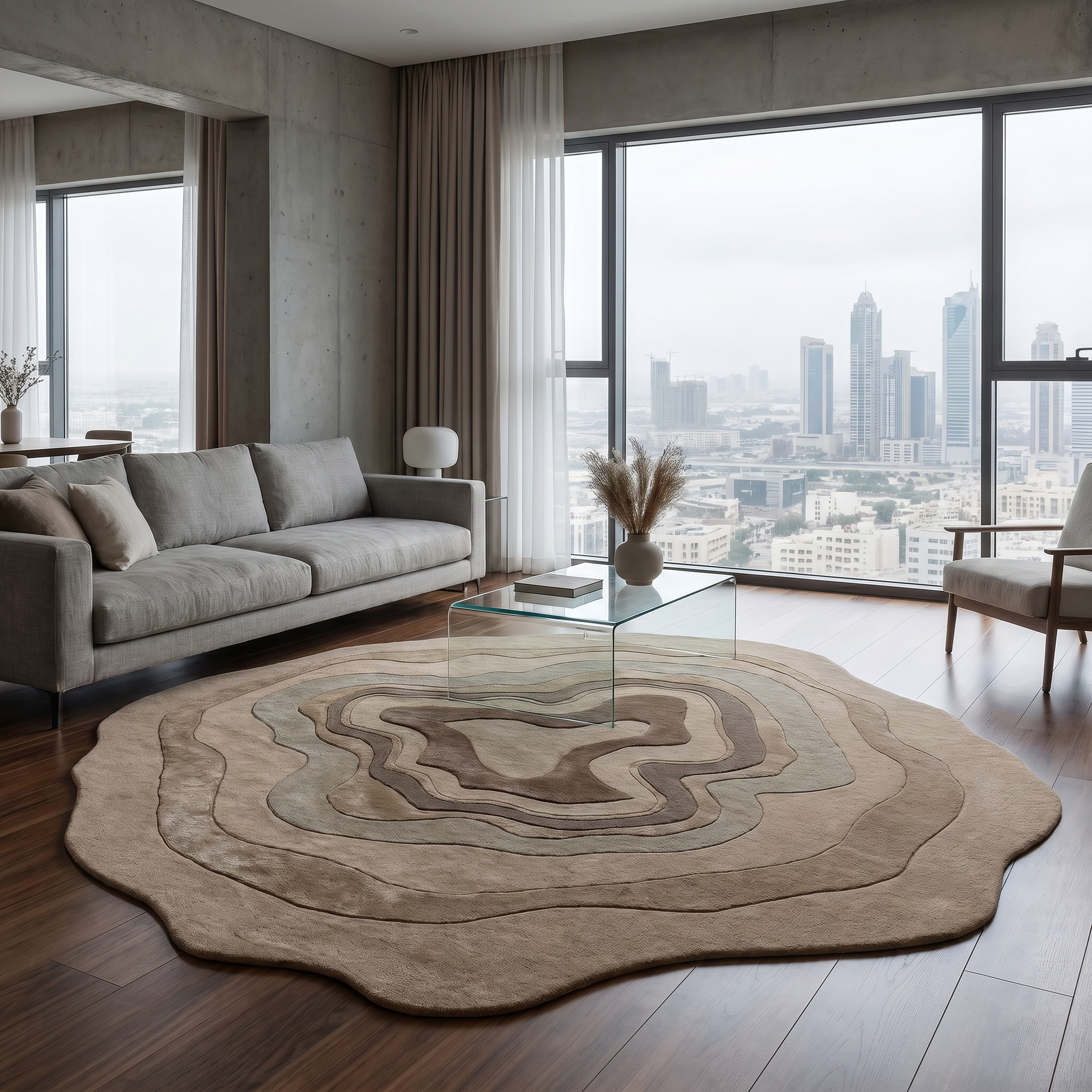 A modern living room with large windows and city views features the RAMSHA HOME Luxury Abstract Contour Rug – Soft Textured Beige Accent Rug HTWV-194, paired with a gray sofa, glass coffee table, and minimalist decor.