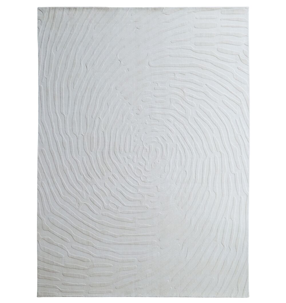 The RAMSHA HOME Natural Color Home Decor Area Rug - LKH 011 is a modern beige rectangular rug with a raised, swirling fingerprint-like pattern and textured lines radiating from the center—perfect for contemporary spaces.