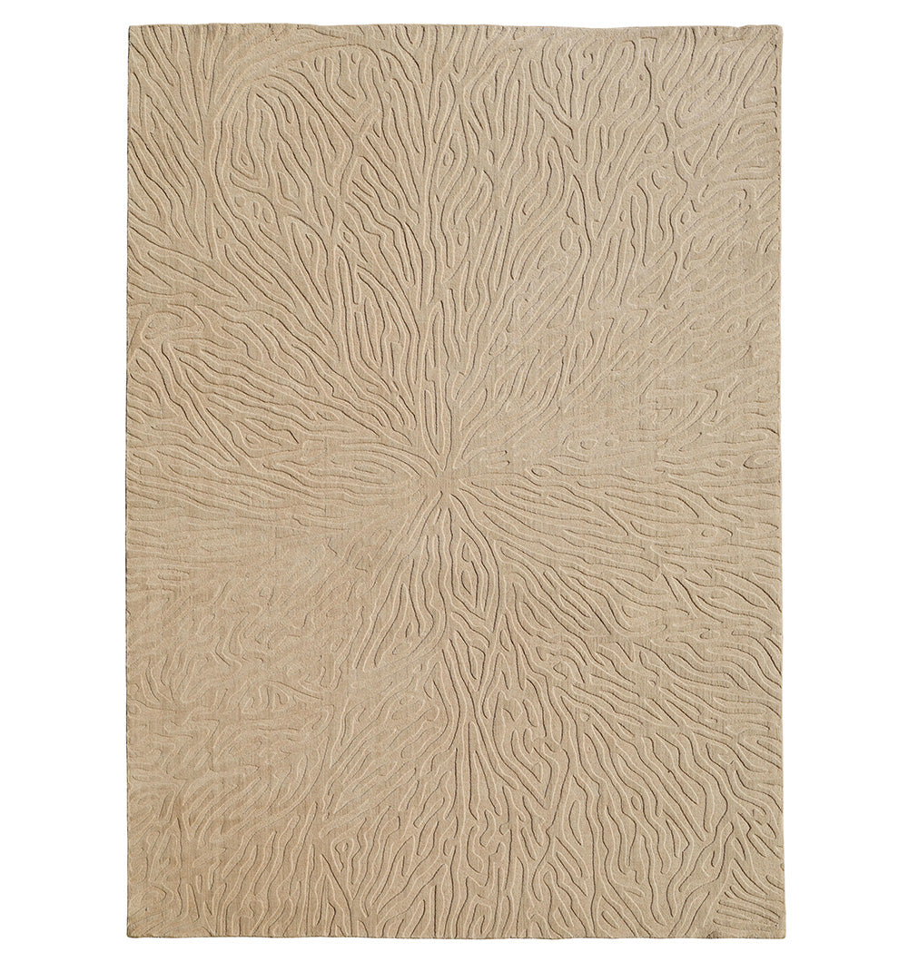 The RAMSHA HOME Handmade Beige Rug with Organic Tree-Inspired Pattern (LKH-025) features a rectangular shape and a subtle, raised design resembling natural branching lines radiating from the center, creating a modern, textured rug with a nature-inspired aesthetic.