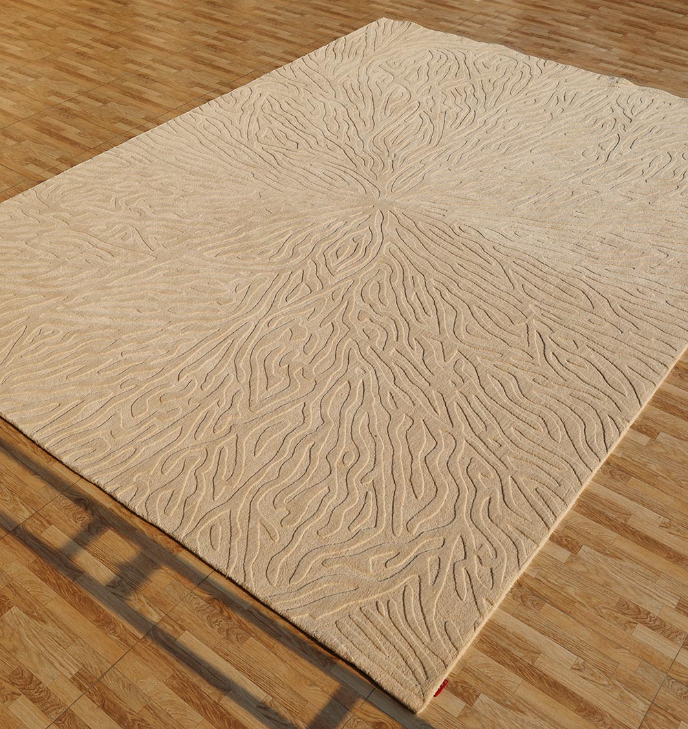 The RAMSHA HOME Handmade Beige Rug with Organic Tree-Inspired Pattern (LKH-025) showcases a beautifully textured, embossed high-low design reminiscent of natural wood grain or flowing lines, elegantly displayed atop a light brown wood floor.