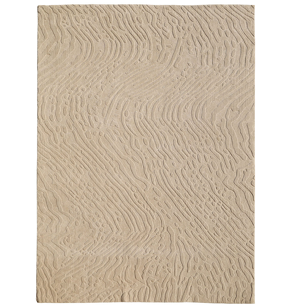 The RAMSHA HOME Modern Beige Textured Area Rug – Abstract Wavy Pattern LKH-026 showcases a neutral beige tone with a raised, abstract wavy design and small oval accents, adding a textured and natural feel to any space.