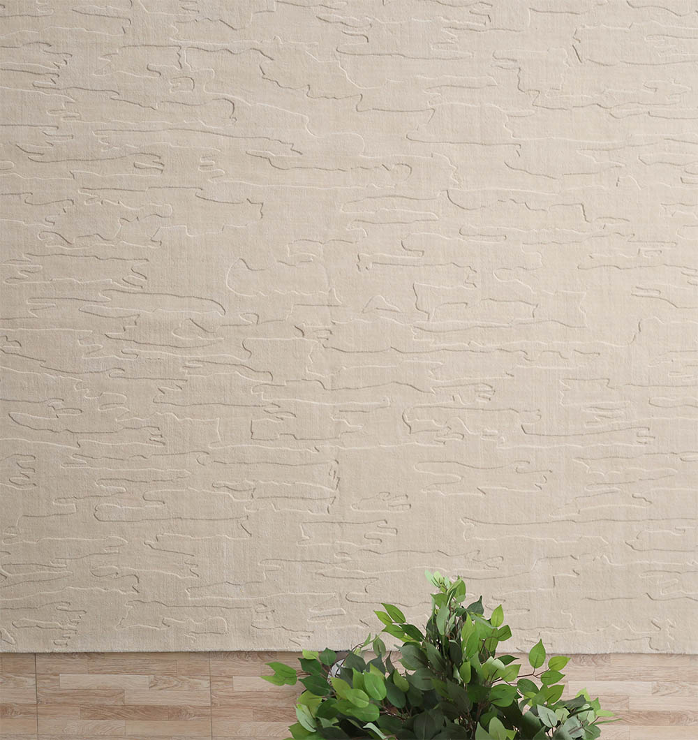 A beige textured wall, a green leafy plant in the corner, wooden flooring, and the RAMSHA HOME Rectangle Handmade Decorative Beige 300x400 cm Area Rug (LKH-032) together create a serene ambiance.
