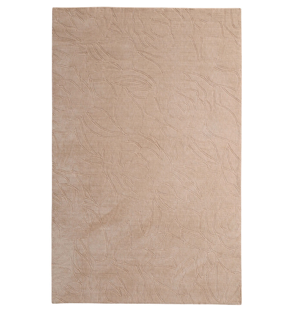 The RAMSHA HOME Rectangle Handmade Beige 200x300 cm Area Rug (LKH-041) features a subtle embossed floral pattern with blooming flowers and leaves, adding elegant texture and style to any room.