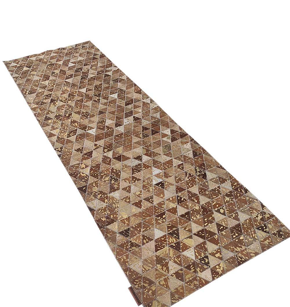 The Amazing Grey & Tan Color Playroom Leather Rug - LR 006 is a long, rectangular leather rug with a diamond pattern of small triangles in grey and tan, adding modern flair to any space.