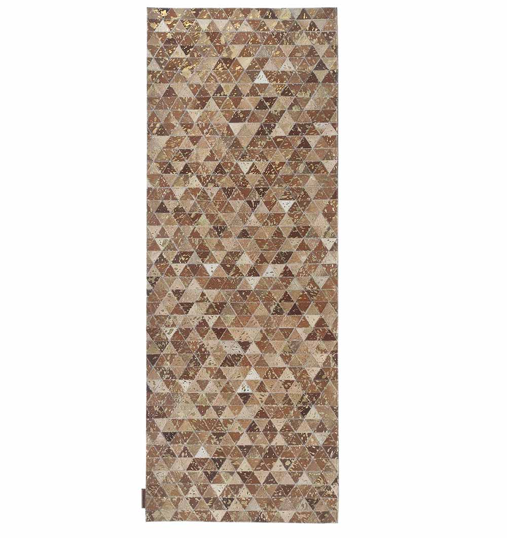 The Amazing Grey & Tan Color Playroom Leather Rug - LR 006 features a rectangular design with a mosaic of small triangles in brown, beige, and tan shades for a stylish geometric look.