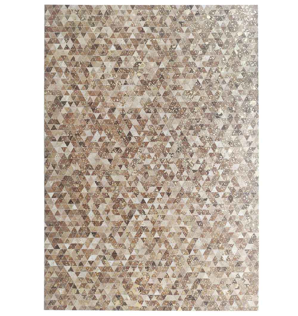 The Amazing Grey & Tan Color Playroom Leather Rug - LR 006 features a rectangular design with a dense mosaic of small triangles in brown, beige, and tan tones, creating a textured and colorful geometric pattern.