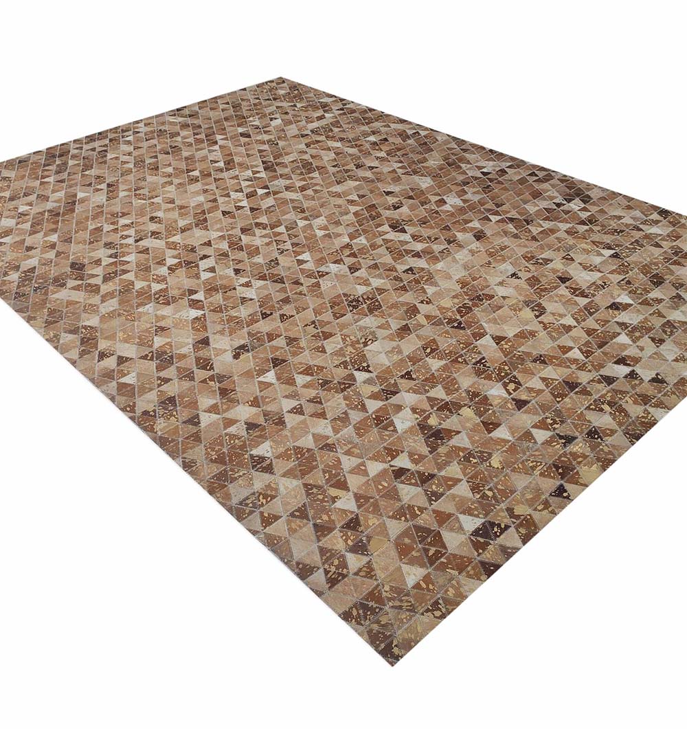 The Amazing Grey & Tan Color Playroom Leather Rug - LR 006 features a geometric design with small brown, tan, and beige triangular tiles arranged in a repeating diamond pattern, perfect for covering any rectangular floor or surface.