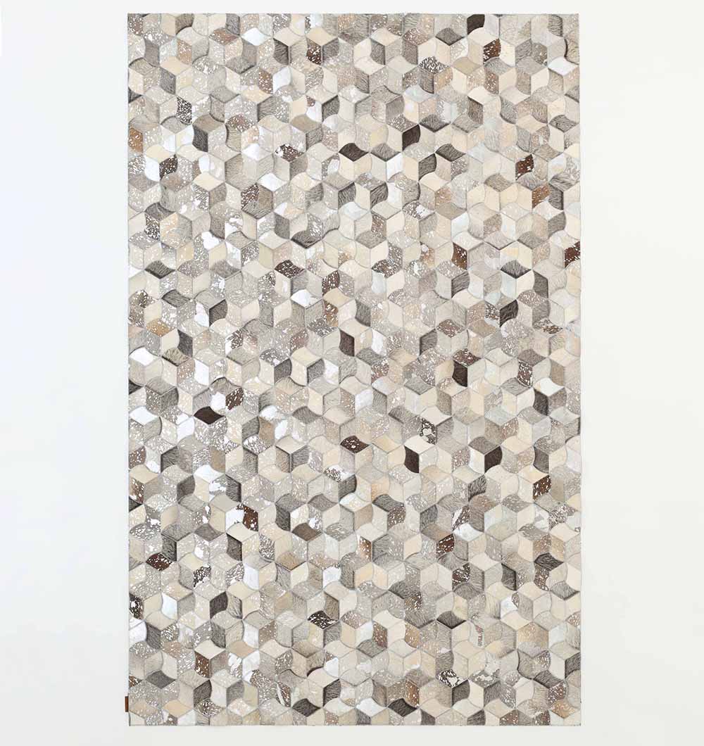 The RAMSHA HOME Amazing Bedroom & Hallway Grey Color Leather Rug - LR 007 features a geometric 3D cube pattern in shades of gray, beige, white, and brown, resembling a neutral mosaic design that creates an eye-catching optical illusion.
