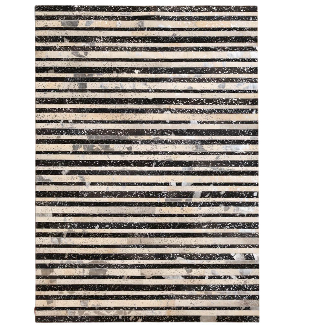 The RAMSHA HOME Striped Abstract Black & Ivory Leather Area Rug LR-009 features a rectangular design with bold black and thin ivory stripes on a marble-like gray background, perfect for adding modern style to any space.