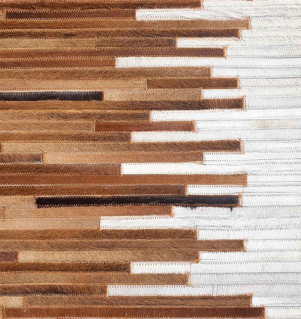 The RAMSHA HOME Handmade Multi-Color Leather and Wool Area Rug LR-014 features a modern abstract pattern of rectangular blocks in brown and white, arranged horizontally to create a gradient from dark brown to white.