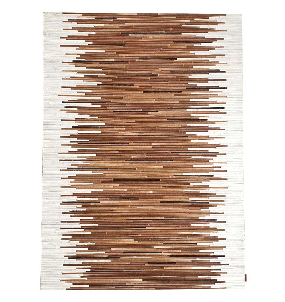 The RAMSHA HOME Handmade Multi-Color Leather and Wool Area Rug LR-014 features a modern rectangular design with central horizontal brown stripes that fade into a white background at the edges.