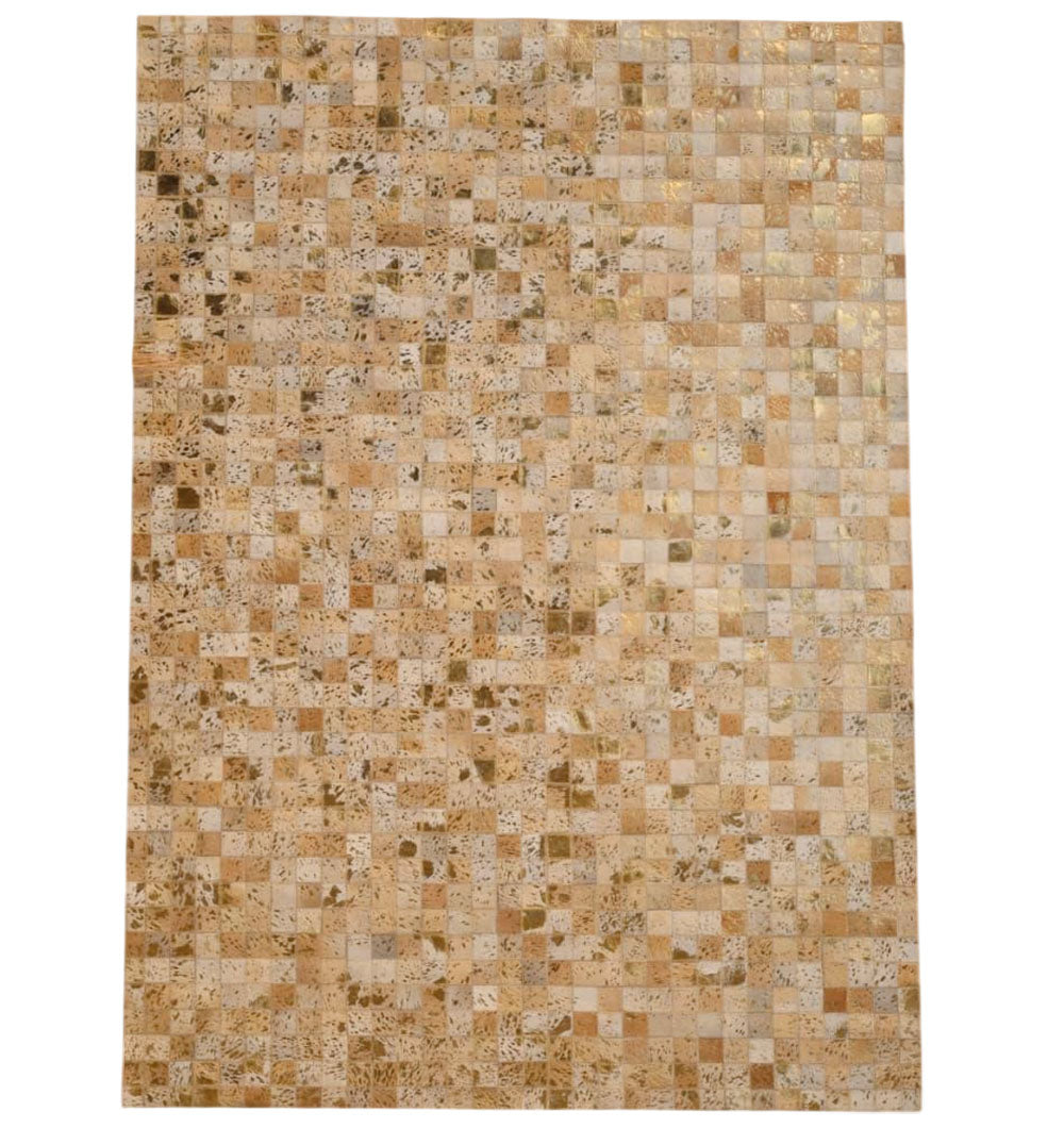 The RAMSHA HOME Handmade Mosaic Patchwork Beige & Tan Leather Rug LR-015 features a rectangular, checkerboard design with square tiles in beige and tan, evoking the look of natural stone textures and modern elegance.
