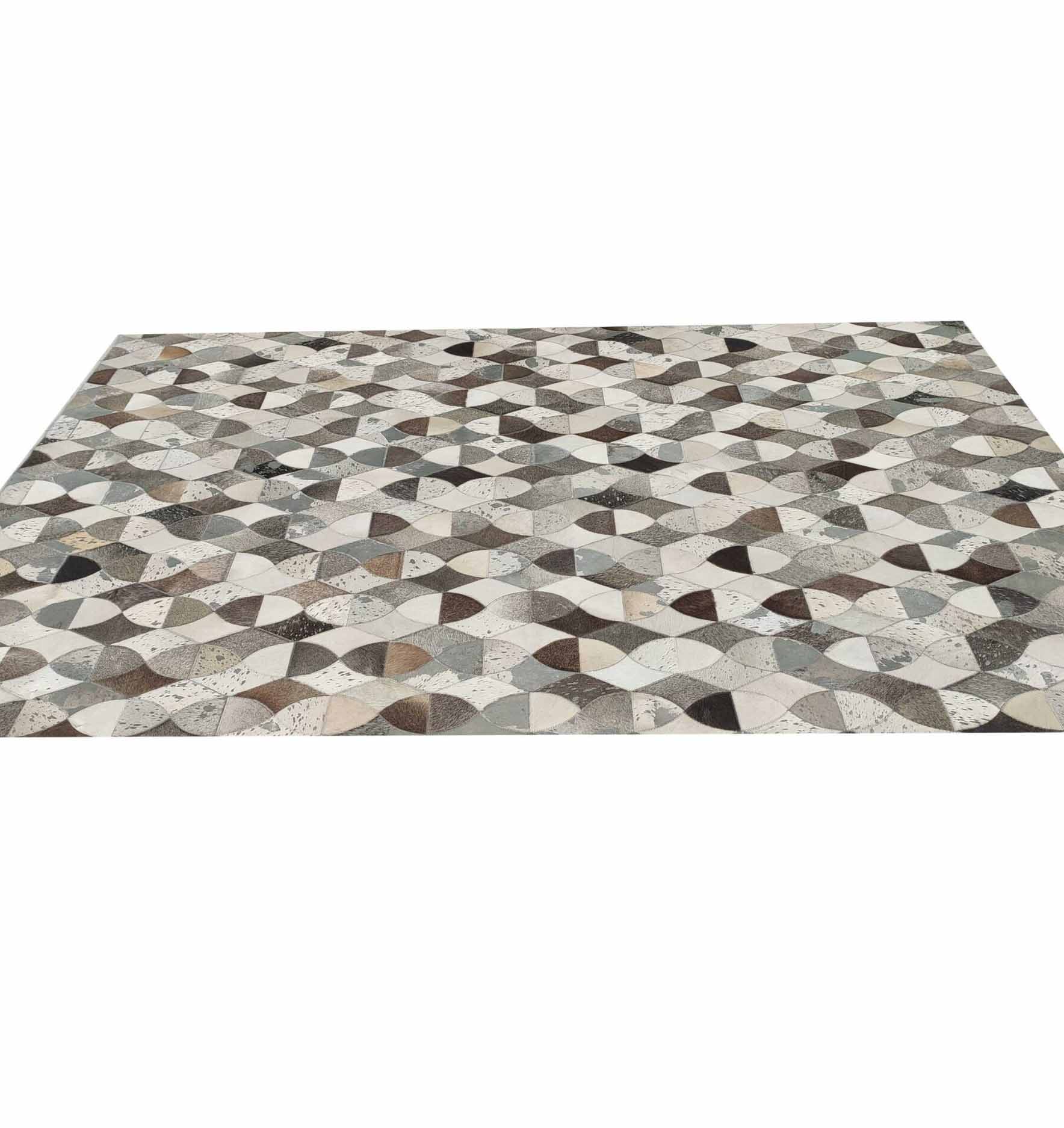 The Delightful Modern Grey Color Leather Rug - LR 008 by RAMSHA HOME features interlocking shapes in neutral tones, creating a three-dimensional optical illusion for a modern touch in any room.