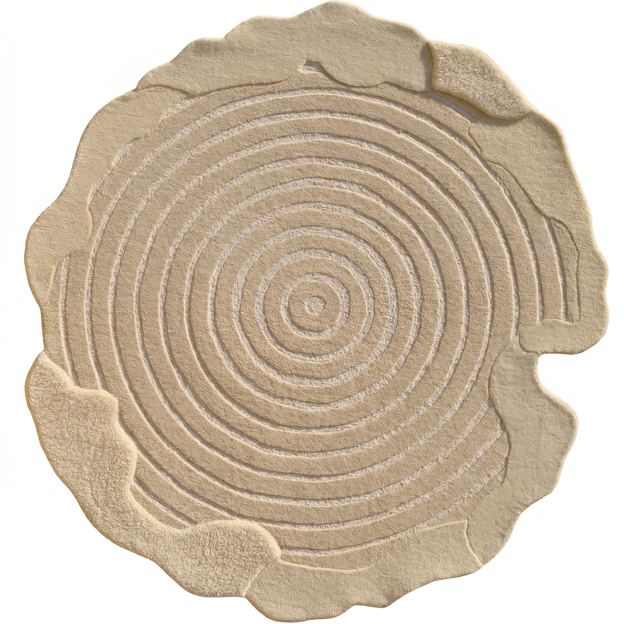 The Natural White Color Handmade Area Rug - HTWV-138 (183 x 200 cm) by RAMSHA HOME is a round, hand-tufted rug with textured concentric rings and organic edges, resembling a tree trunk cross-section.