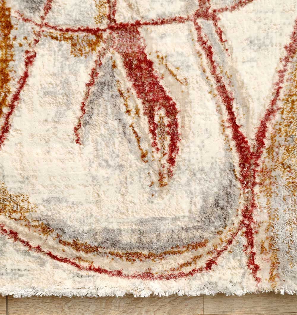 The RAMSHA HOME Abstract Scribble Line Ivory Rug with Rust & Gold Accents (MMB 01, 150x210 cm) features soft texture and curved lines on a cream base, adding stylish comfort to your space. Perfect for wooden floors.
