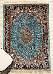 Persian Floral Medallion Teal Blue Rug with Black Border – MMB 05 (150X210 cm)
