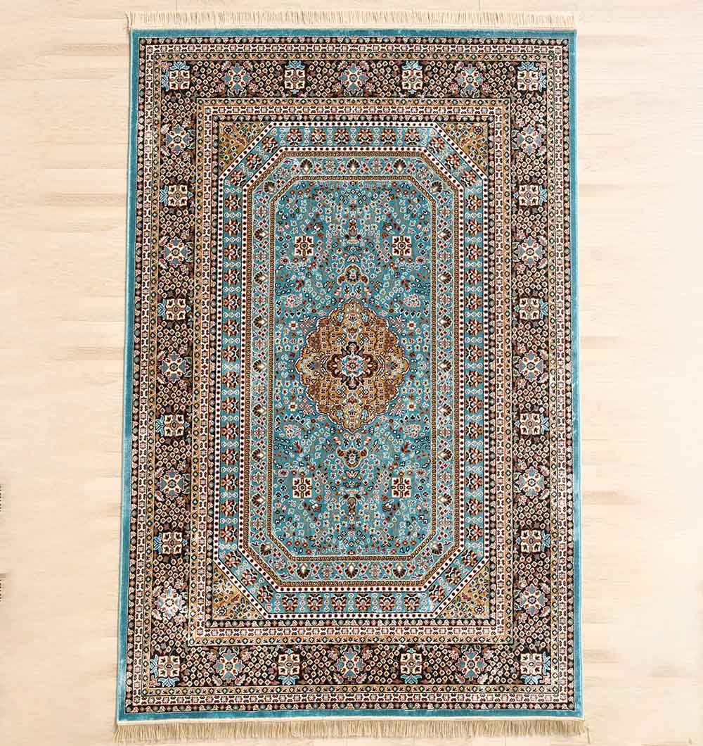 The RAMSHA HOME Persian Medallion Teal Blue Rug with Black Border – MMB 06 (175x275 cm) features intricate patterns, a central medallion, ornate borders, detailed motifs, and fringed edges.