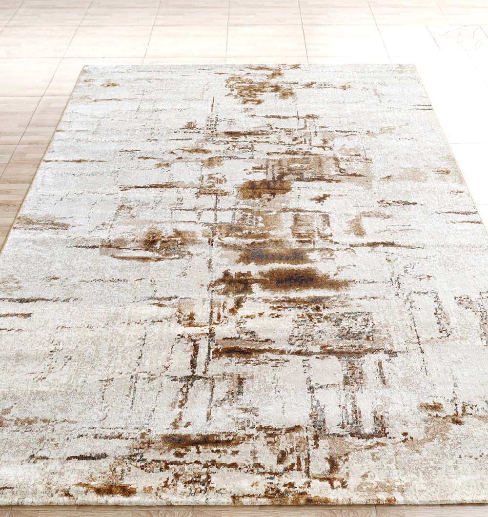 The RAMSHA HOME Abstract Distressed Beige & Brown Rug – MMB 11 (235x330 cm) features a modern weathered pattern with uneven lines and patches, bringing a stylish, distressed touch to any neutral space.